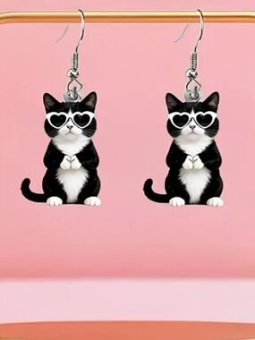 Hand Crafted Black & White Cat Earrings with Heart Sunglasses - Pets Cat